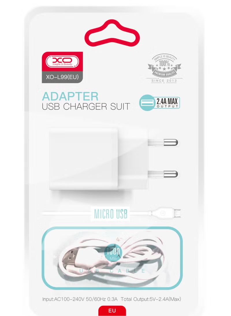 Cargador de Red con Cable microUSB XO Design L99, 12W, 2.4A, 1 x USB-A, Blanco