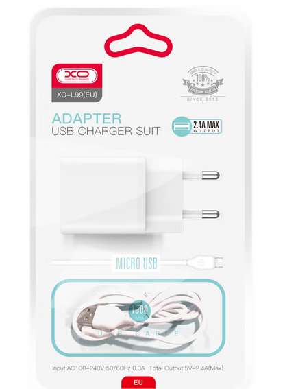 Cargador de Red con Cable microUSB XO Design L99, 12W, 2.4A, 1 x USB-A, Blanco