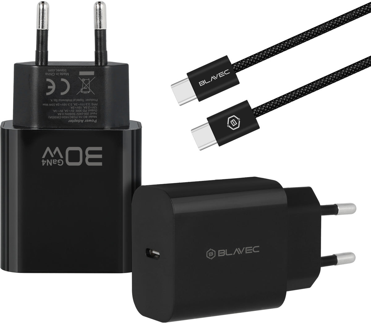 Cargador de pared con cable USB-C Blavec BC-14, 30 W, 3 A, 1 x USB-C, negro