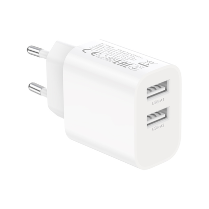 Cargador de red con cable USB-C XO Design CE55, 12 W, 2,4 A, 2 x USB-A, blanco