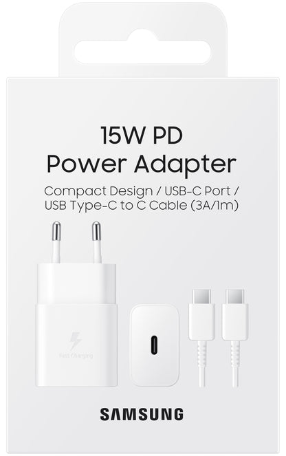 Cargador de red Samsung USB-C con cable USB-C, 15 W, 2 A, 1 x USB-C, blanco EP-T1510XWEGEU