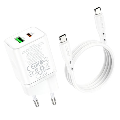 Cargador de red con cable USB-C Borofone BN7, 20W, 3A, 1 x USB-A - 1 x USB-C, Blanco 