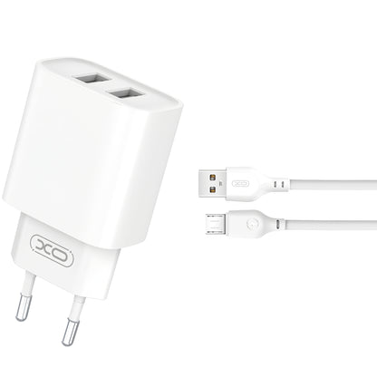 Cargador de red con cable microUSB XO Design CE02C, 10,5 W, 2,1 A, 2 x USB-A, blanco 