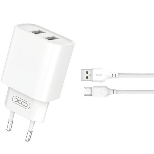 Cargador de red con cable microUSB XO Design CE02C, 10,5 W, 2,1 A, 2 x USB-A, blanco 