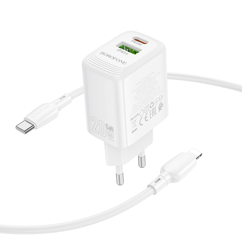 Cargador de Red con Cable Lightning Borofone BN27 Fuente, 20W, 3A, 1 x USB-A - 1 x USB-C, Blanco