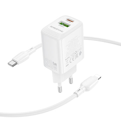 Cargador de Red con Cable Lightning Borofone BN27 Fuente, 20W, 3A, 1 x USB-A - 1 x USB-C, Blanco
