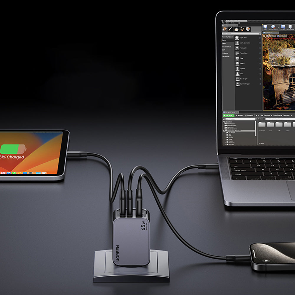 Cargador de Red con Cable USB-C UGREEN X755 Nexode Pro, 65W, 3A, 1 x USB-A - 2 x USB-C, Gris