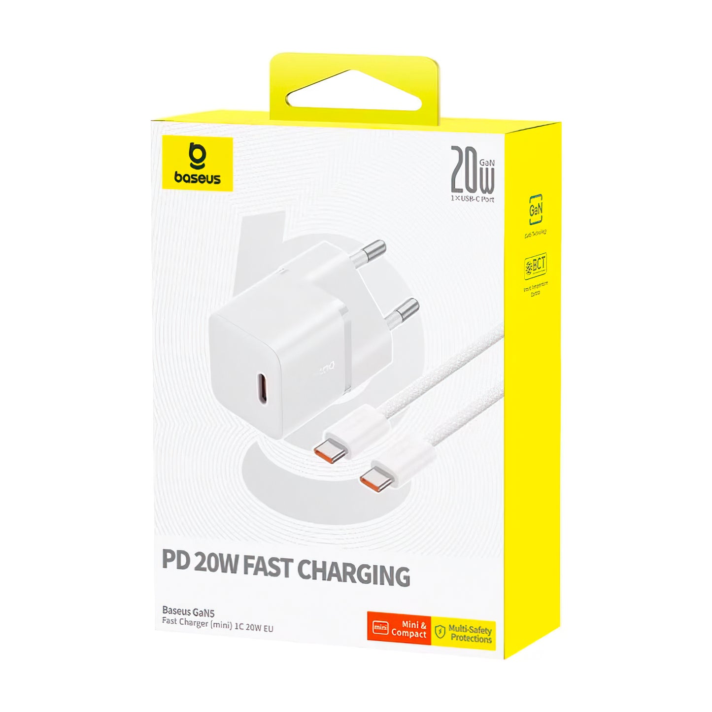 Cargador de Red con Cable USB-C Baseus GaN5, 20W, 3A, 1 x USB-C, Blanco P10110900213-01