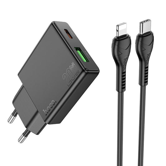 Cargador de Red con Cable Lightning HOCO N38, 20W, 3A, 1 x USB-A - 1 x USB-C, Negro