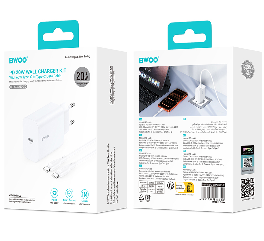 Cargador de Red con Cable USB-C BWOO CDA233, 20W, 3A, 1 x USB-C, Blanco