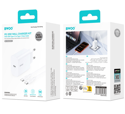 Cargador de Red con Cable USB-C BWOO CDA233, 20W, 3A, 1 x USB-C, Blanco