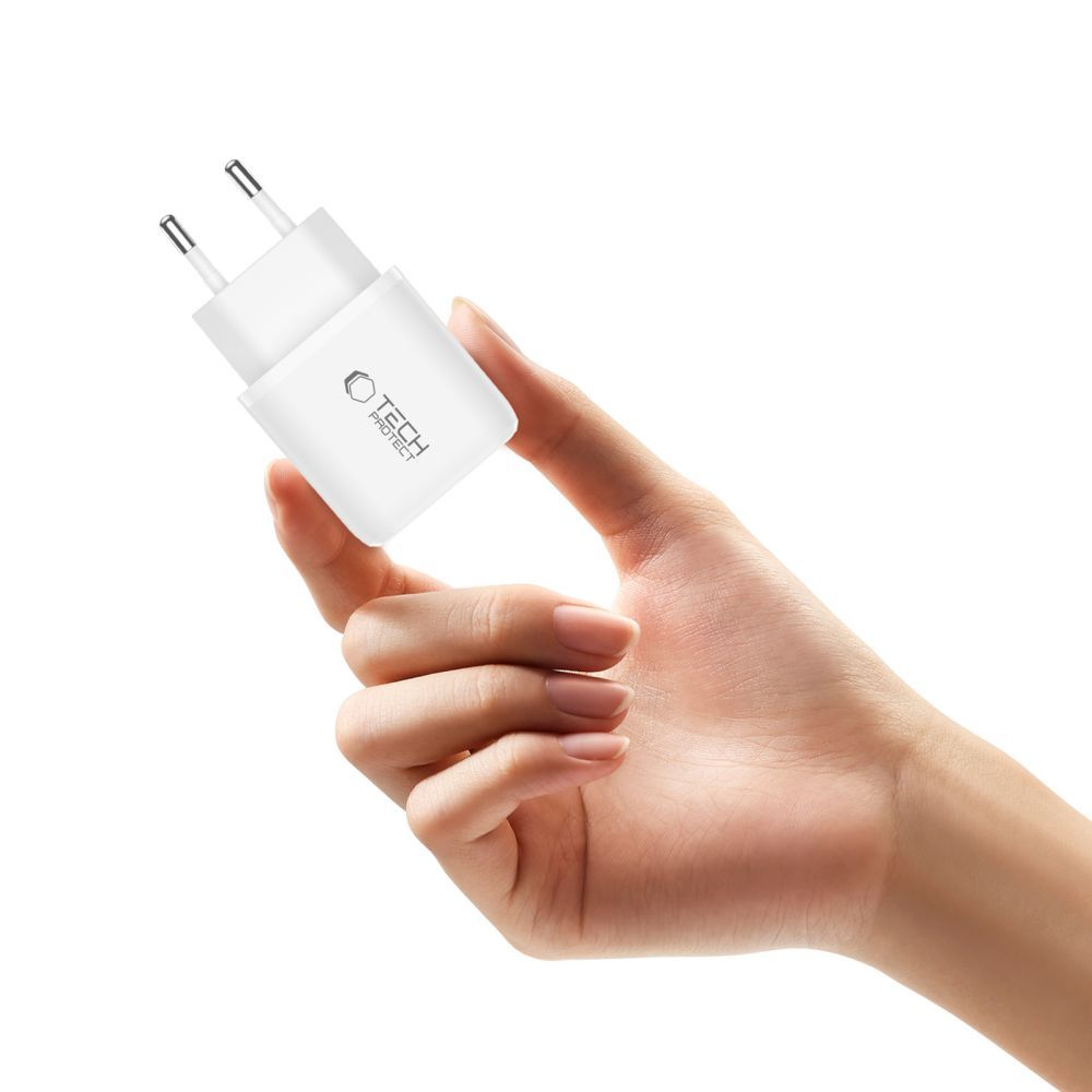 Cargador de Red con Cable Lightning Tech-Protect NCA20, 20W, 3A, 1 x USB-A - 1 x USB-C, Blanco