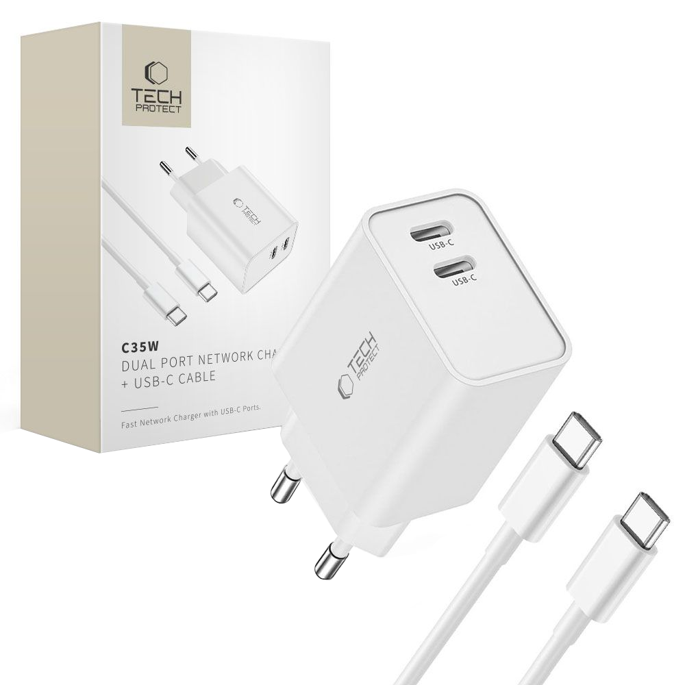 Cargador de Red con Cable USB-C Tech-Protect C35W, 35W, 3A, 2 x USB-C, Blanco