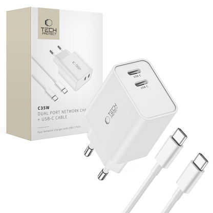 Cargador de Red con Cable USB-C Tech-Protect C35W, 35W, 3A, 2 x USB-C, Blanco