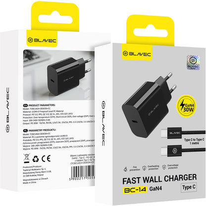 Cargador de pared con cable USB-C Blavec BC-14, 30 W, 3 A, 1 x USB-C, negro