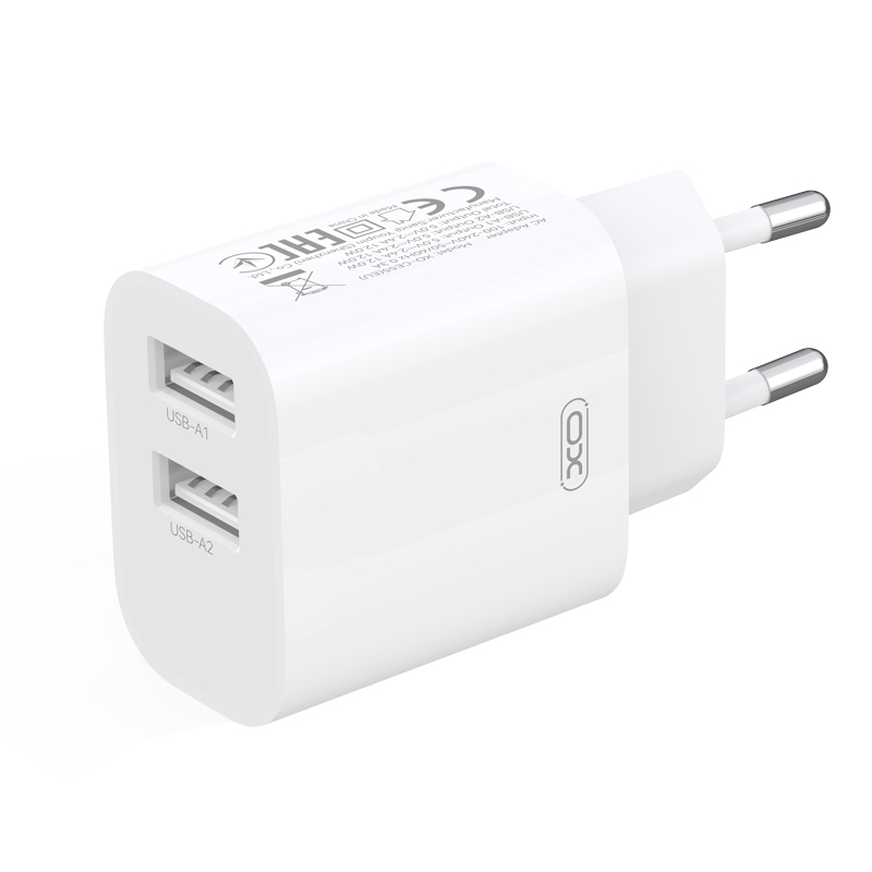Cargador de red con cable USB-C XO Design CE55, 12 W, 2,4 A, 2 x USB-A, blanco