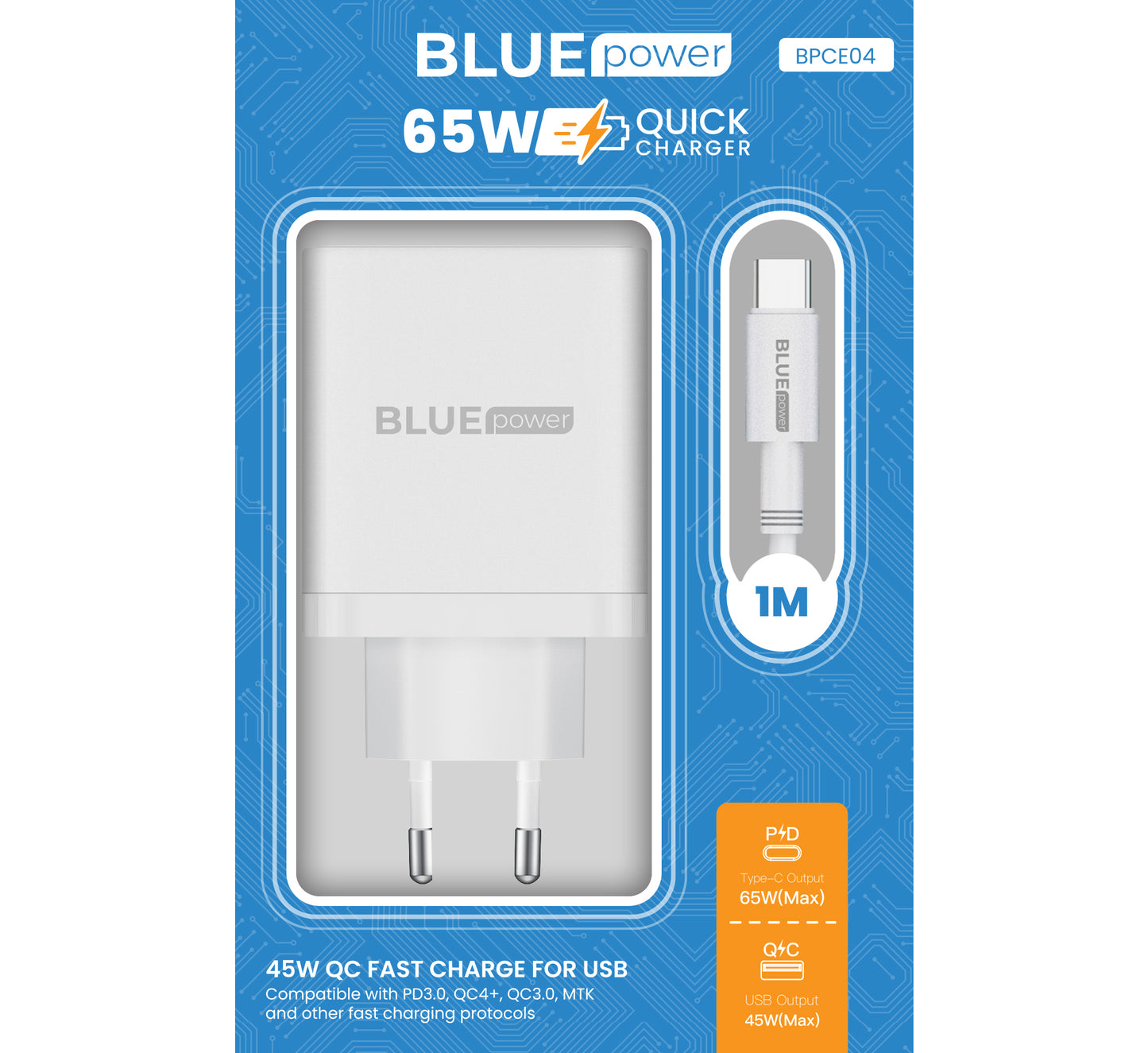 Cargador de red con cable USB-C BLUE Power BPCE04, 65 W, 3,25 A, 1 x USB-A - 2 x USB-C, blanco