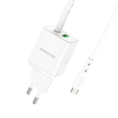 Cargador de red con cable USB-C Borofone BN7, 20W, 3A, 1 x USB-A - 1 x USB-C, Blanco 