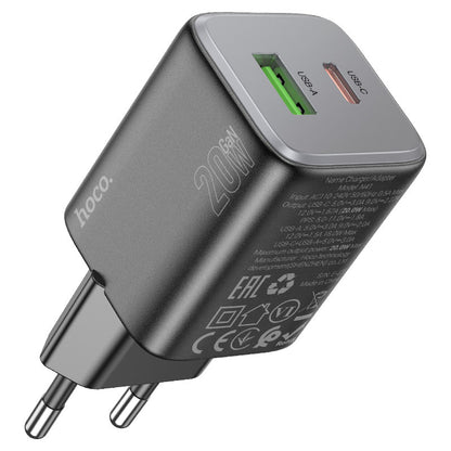 Cargador de Red con Cable Lightning HOCO N41, 20W, 3A, 1 x USB-A - 1 x USB-C, Negro
