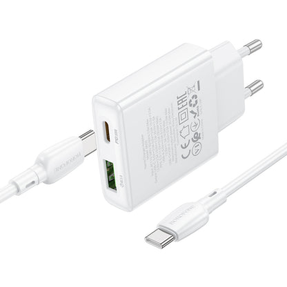 Cargador de red con cable USB-C Borofone BN25 Wish, 30W, 3A, 1 x USB-A - 1 x USB-C, Blanco 