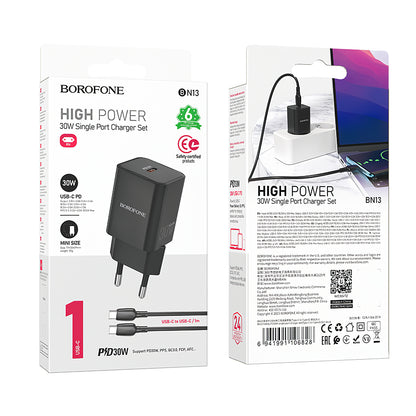 Cargador de red con cable USB-C Borofone BN13 Safety, 30W, 3A, 1 x USB-C, Negro 