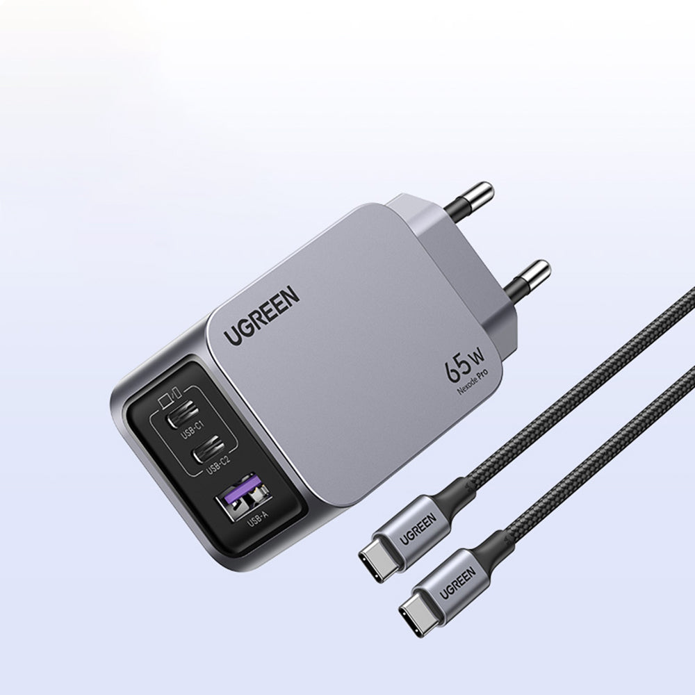 Cargador de Red con Cable USB-C UGREEN X755 Nexode Pro, 65W, 3A, 1 x USB-A - 2 x USB-C, Gris