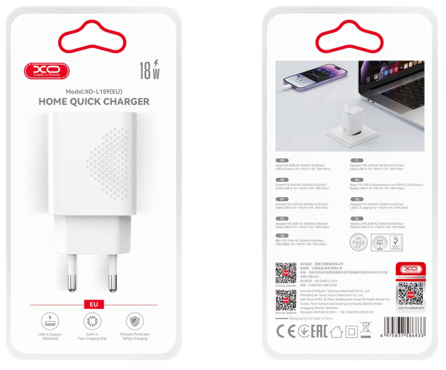 Cargador de Red con Cable microUSB XO Design L159, 18W, 3A, 1 x USB-A, Blanco