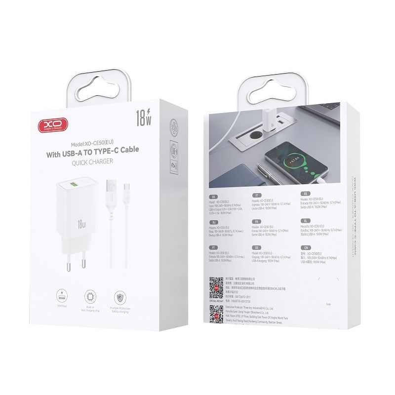 Cargador de red con cable USB-C XO Design CE50, 18 W, 3 A, 1 x USB-A, blanco