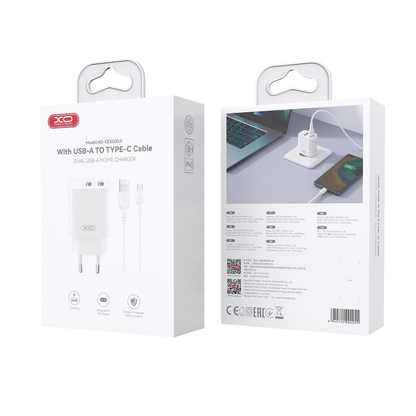 Cargador de red con cable USB-C XO Design CE55, 12 W, 2,4 A, 2 x USB-A, blanco