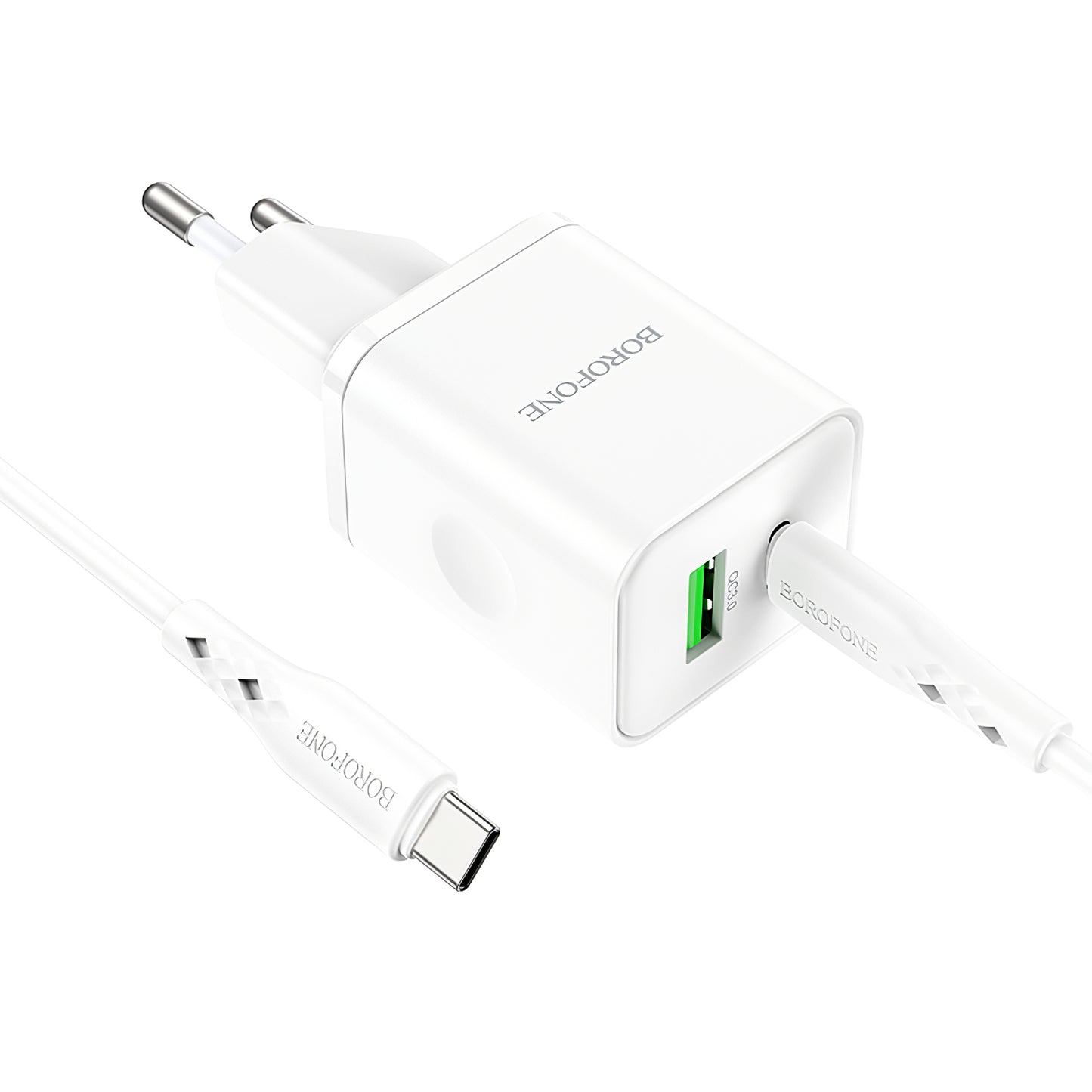 Cargador de red con cable USB-C Borofone BN7, 20W, 3A, 1 x USB-A - 1 x USB-C, Blanco 