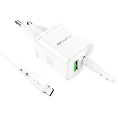 Cargador de red con cable USB-C Borofone BN7, 20W, 3A, 1 x USB-A - 1 x USB-C, Blanco 