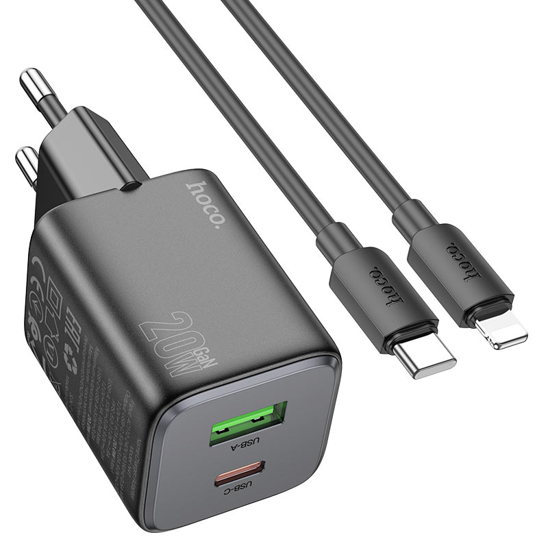 Cargador de Red con Cable Lightning HOCO N41, 20W, 3A, 1 x USB-A - 1 x USB-C, Negro