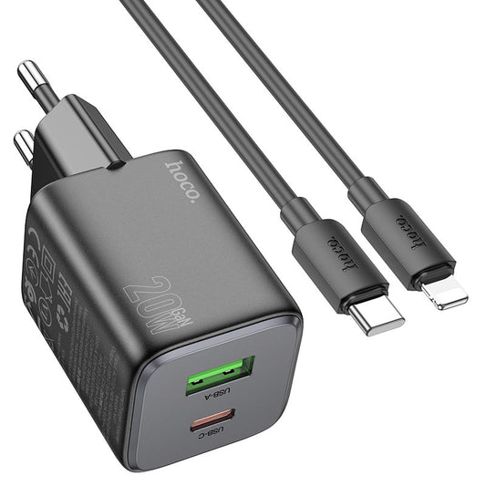 Cargador de Red con Cable Lightning HOCO N41, 20W, 3A, 1 x USB-A - 1 x USB-C, Negro