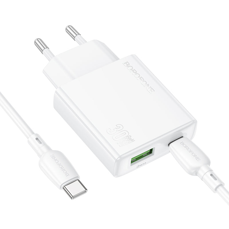 Cargador de red con cable USB-C Borofone BN25 Wish, 30W, 3A, 1 x USB-A - 1 x USB-C, Blanco 