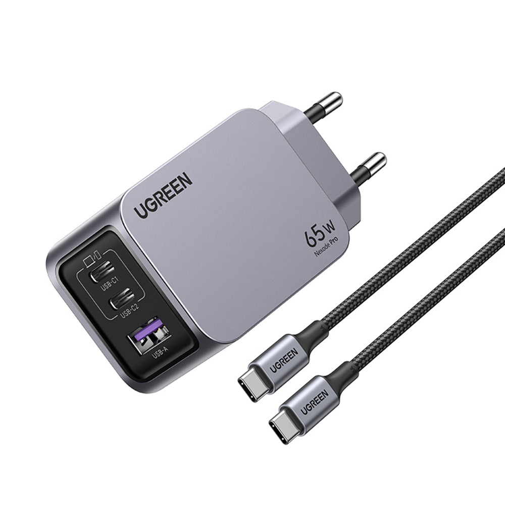 Cargador de Red con Cable USB-C UGREEN X755 Nexode Pro, 65W, 3A, 1 x USB-A - 2 x USB-C, Gris