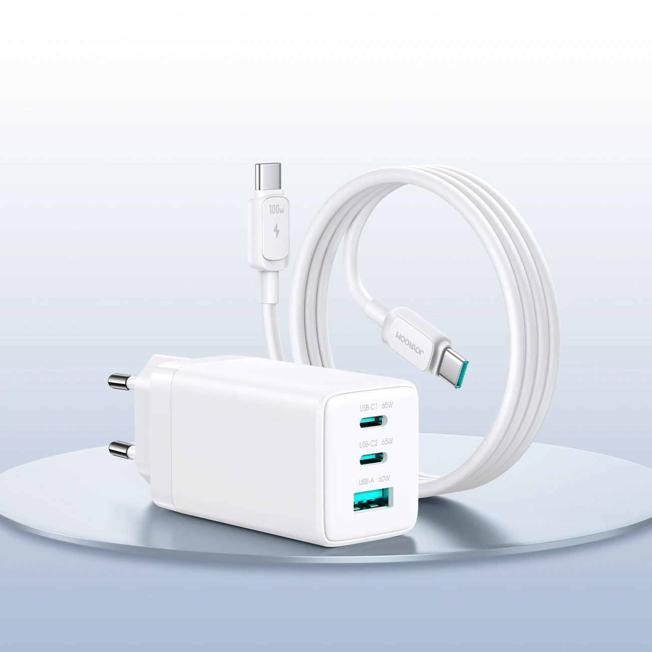 Cargador de Red con Cable USB-C Joyroom JR-TG10, 65W, 3.25A, 1 x USB-A - 2 x USB-C, Blanco