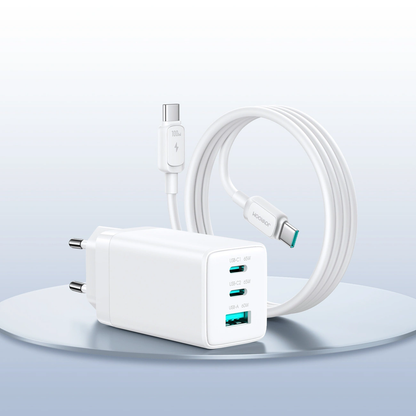 Cargador de Red con Cable USB-C Joyroom JR-TG10, 65W, 3.25A, 1 x USB-A - 2 x USB-C, Blanco