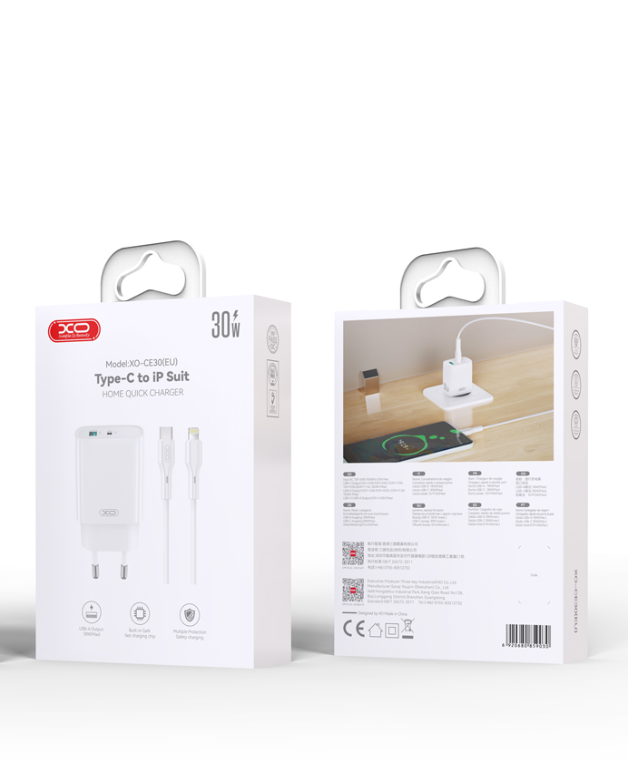 Cargador de Red con Cable Lightning XO Design CE30, 30W, 3A, 1 x USB-A - 1 x USB-C, Blanco