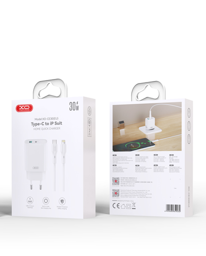 Cargador de Red con Cable Lightning XO Design CE30, 30W, 3A, 1 x USB-A - 1 x USB-C, Blanco