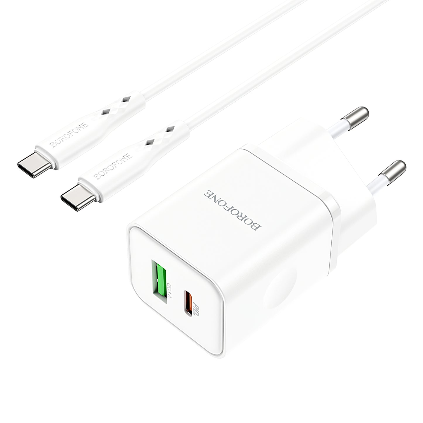 Cargador de red con cable USB-C Borofone BN7, 20W, 3A, 1 x USB-A - 1 x USB-C, Blanco 