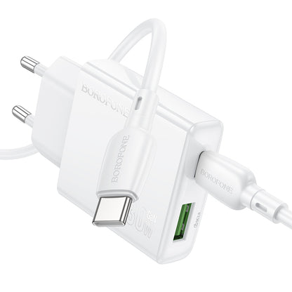 Cargador de red con cable USB-C Borofone BN25 Wish, 30W, 3A, 1 x USB-A - 1 x USB-C, Blanco 