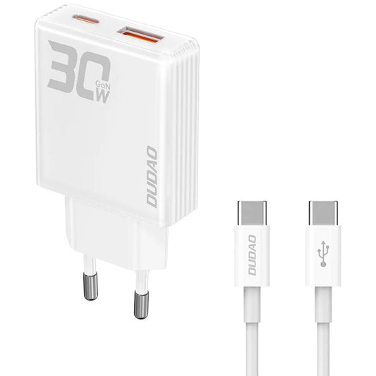 Cargador de red con cable USB-C Dudao A30EUT, 30 W, 3 A, 1 x USB-A - 1 x USB-C, blanco 