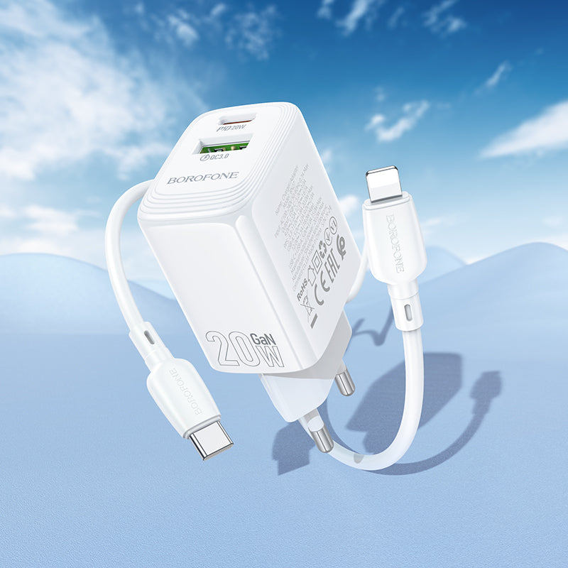 Cargador de Red con Cable Lightning Borofone BN27 Fuente, 20W, 3A, 1 x USB-A - 1 x USB-C, Blanco