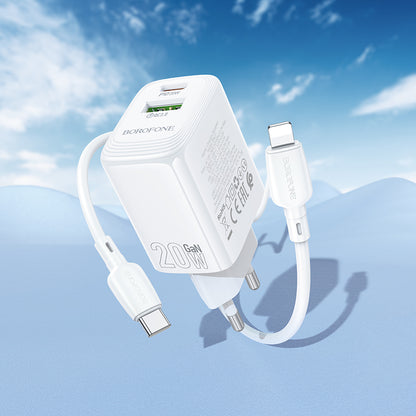 Cargador de Red con Cable Lightning Borofone BN27 Fuente, 20W, 3A, 1 x USB-A - 1 x USB-C, Blanco