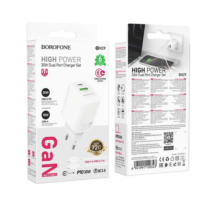 Cargador de Red con Cable USB-C Borofone BN29 Fuente, 30W, 3A, 1 x USB-A - 1 x USB-C, Blanco