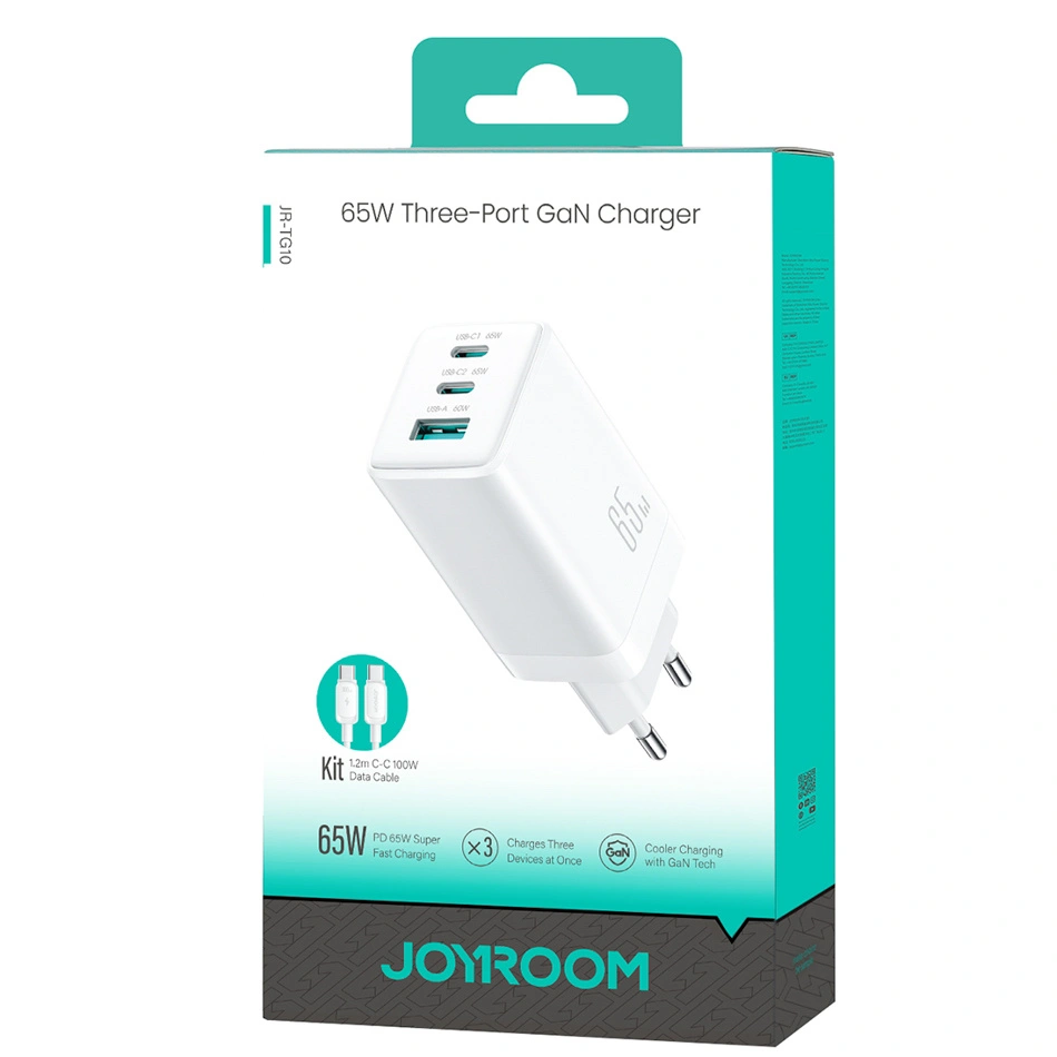 Cargador de Red con Cable USB-C Joyroom JR-TG10, 65W, 3.25A, 1 x USB-A - 2 x USB-C, Blanco