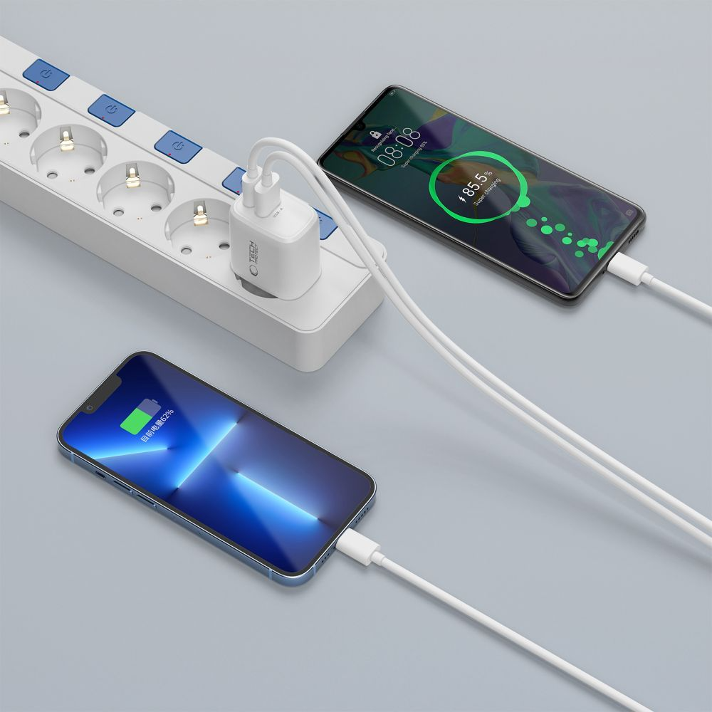 Cargador de Red con Cable Lightning Tech-Protect NCA20, 20W, 3A, 1 x USB-A - 1 x USB-C, Blanco