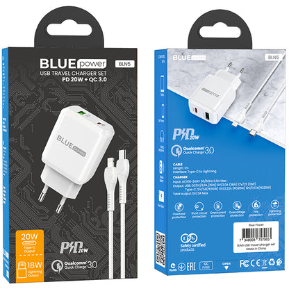 BLUE Power BLN5, 20W, 3A, 1 x USB-A - 1 x USB-C, Blanco