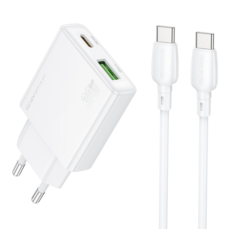 Cargador de red con cable USB-C Borofone BN25 Wish, 30W, 3A, 1 x USB-A - 1 x USB-C, Blanco 