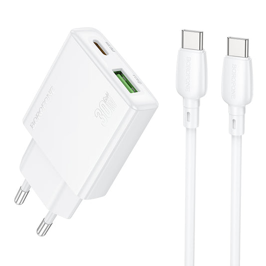 Cargador de red con cable USB-C Borofone BN25 Wish, 30W, 3A, 1 x USB-A - 1 x USB-C, Blanco 